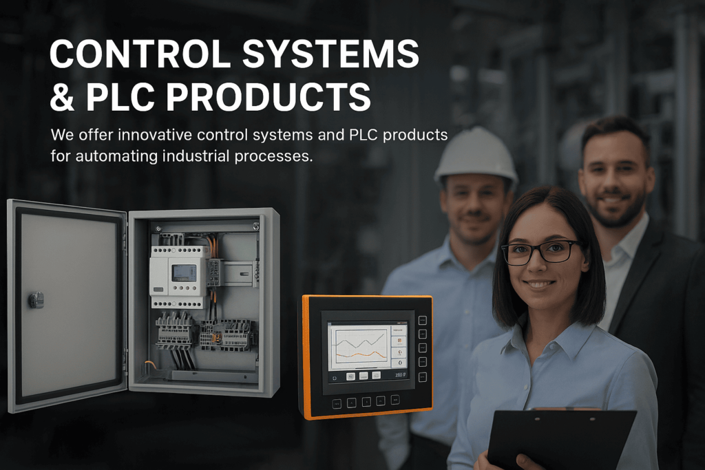 Industrial control systems and PLC products displayed with professional technical team for automation solutions